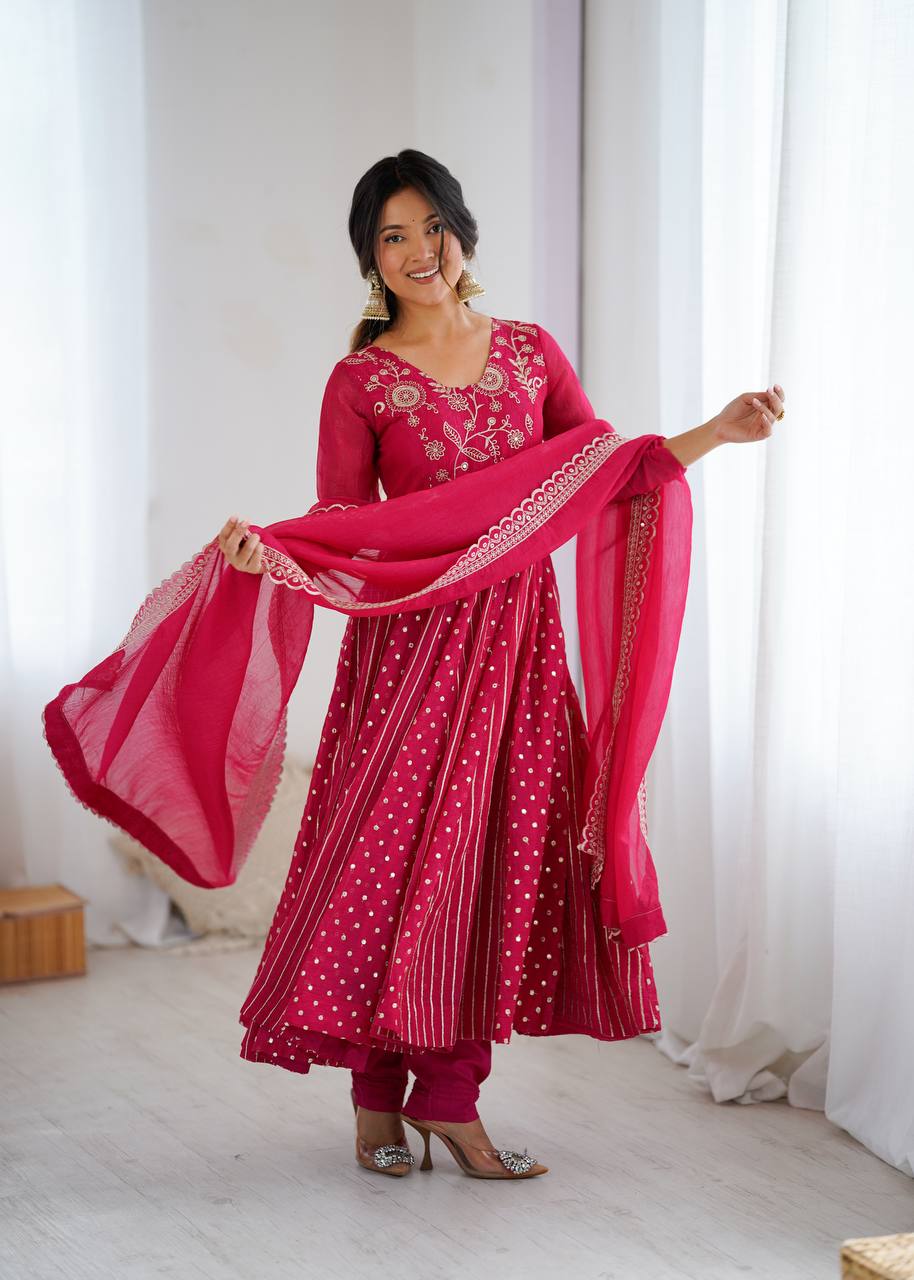 Vibrant Rani Pink Crunchy Silk Anarkali Suit Set with Floral Embroidery