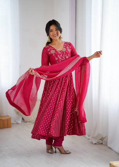 Vibrant Rani Pink Crunchy Silk Anarkali Suit Set with Floral Embroidery
