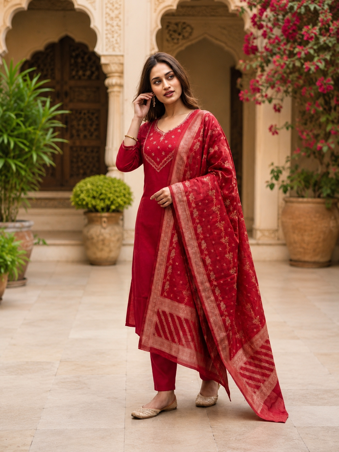 Elegant Handwork Mul Chanderi Suit Set With Jacquard Dupatta