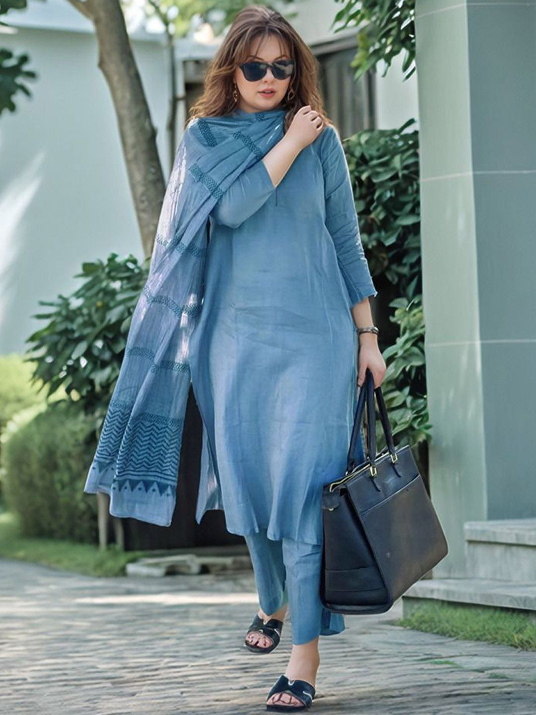Elegant Steel Blue Premium Rayon Kurta Set with Dupatta