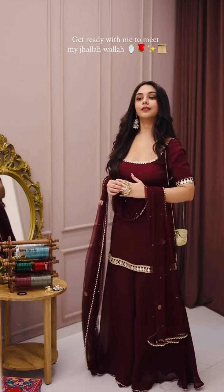 Very Beautiful Maroon Heavy Faux Georgette Sharara Suit Set