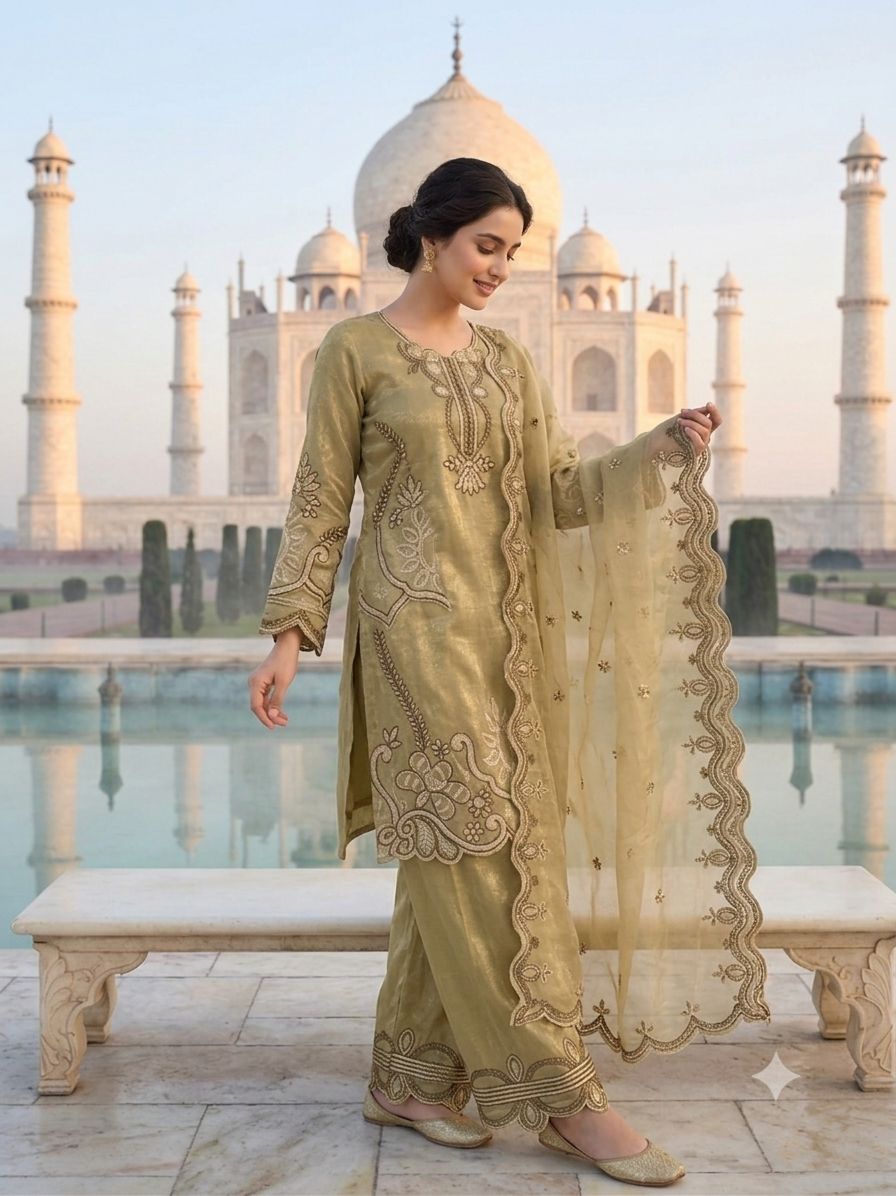 Elegant Olive Green Crunchy Silk Embroidered Suit Set with Organza Dupatta