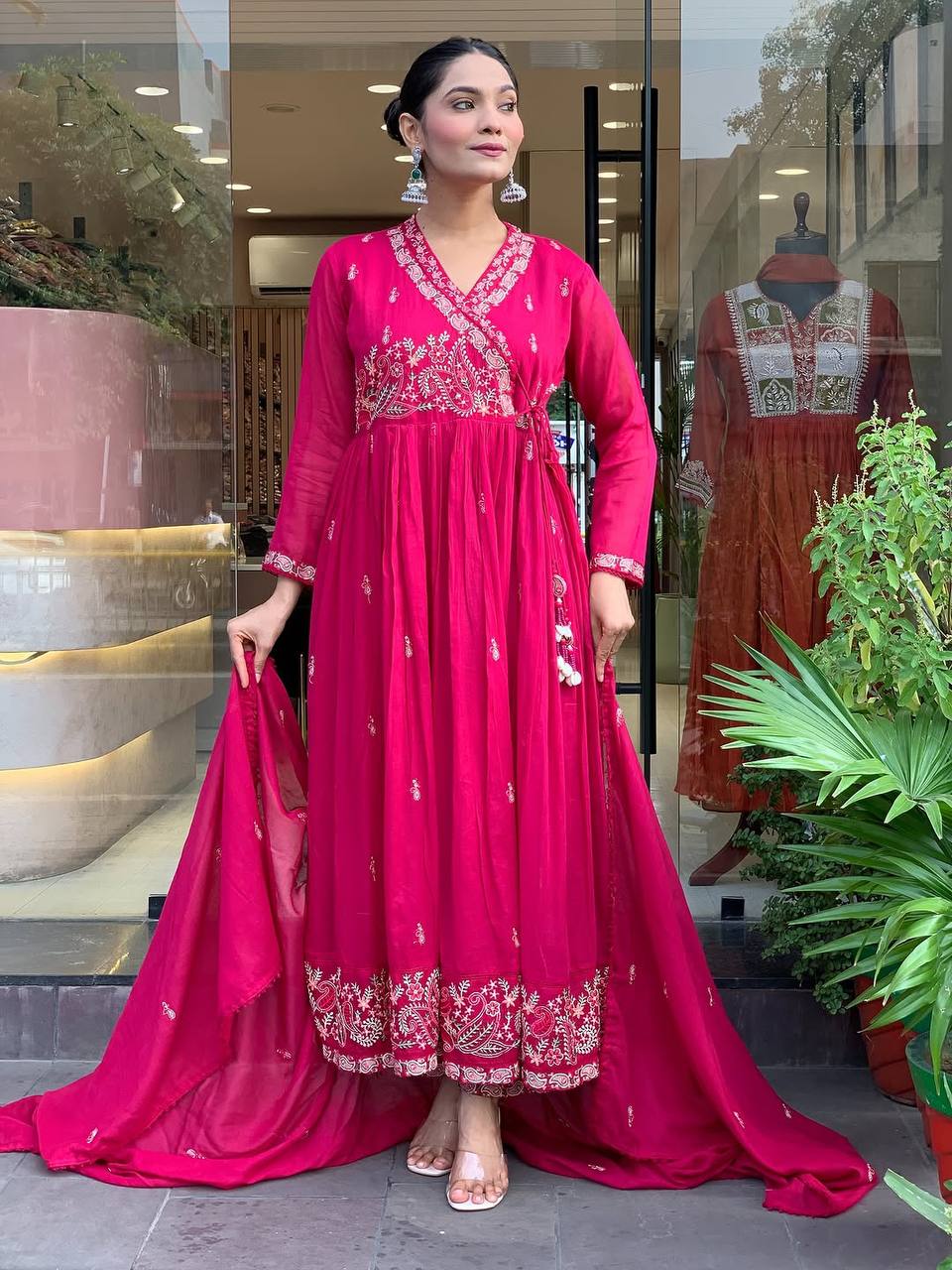Premium Rani Pink Roman Silk Festive Angrakha Suit Set with Dupatta