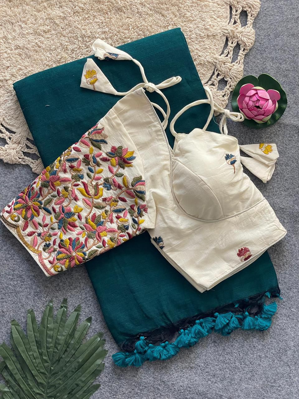 Dharma Exclusive - Rama Handloom Cotton Saree With Havy Embroidery Stitched Blouse