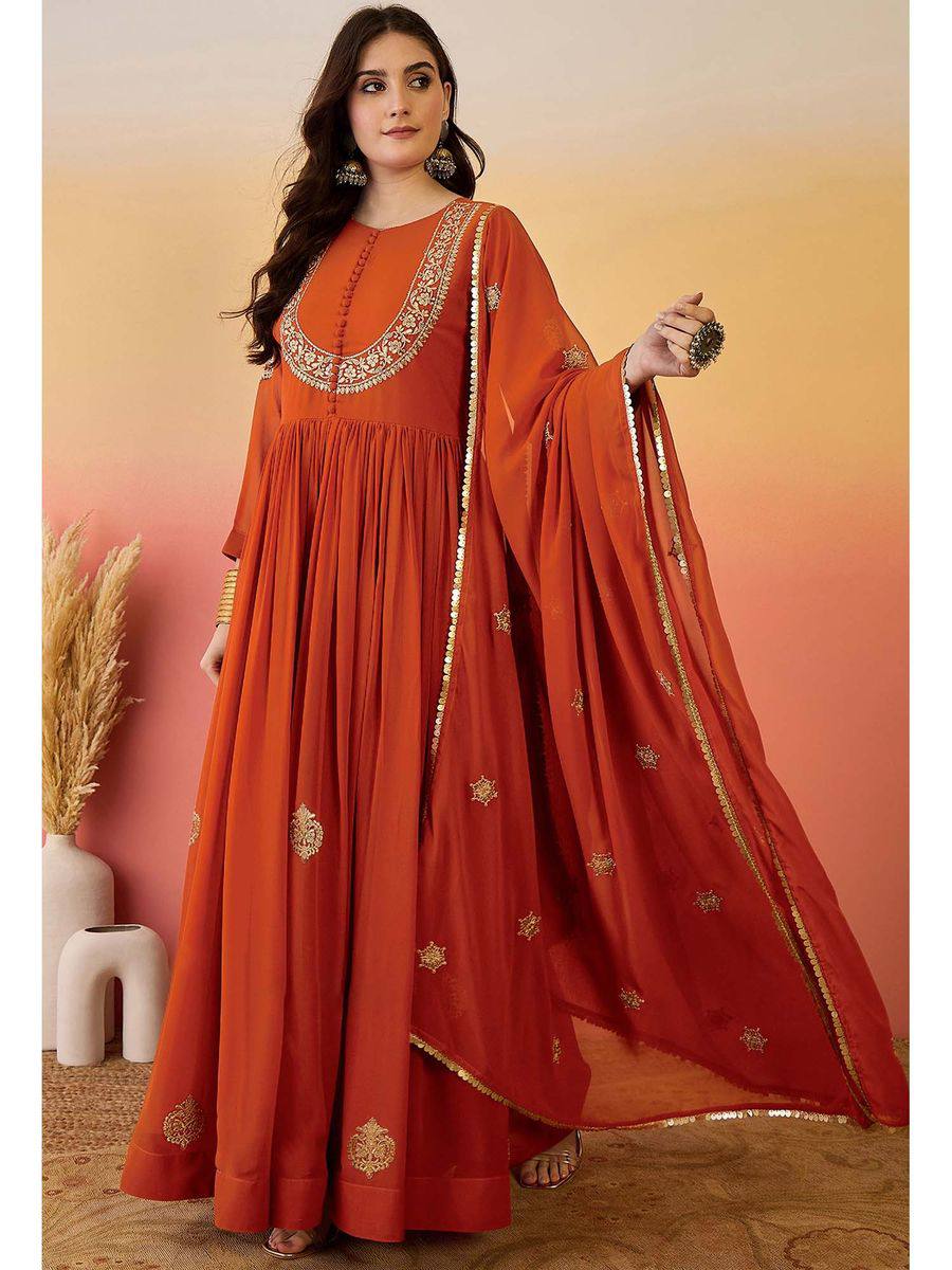 Designer Rust Orange Faux Georgette Embroidered Anarkali Suit Set with Dupatta