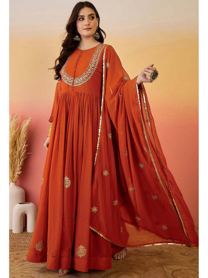 Designer Rust Orange Faux Georgette Embroidered Anarkali Suit Set with Dupatta