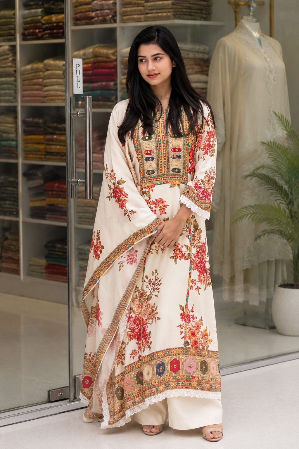 Very Attractive Floral Printed Muslin Suit Set with Sequin Embroidery Work
