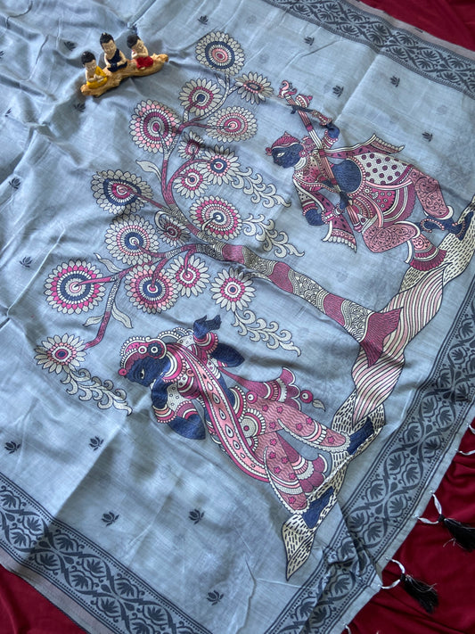 Aaradhya - Soft Muga Cotton Saree with Traditional Kalamkari Woven Design