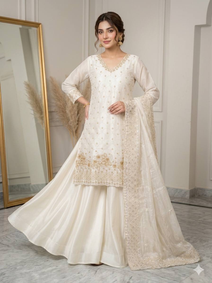 Elegant White Fendy Silk Sharara Suit Set with Sequence Embroidery Work