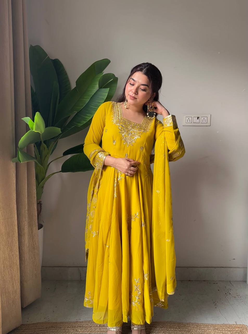 Designer Yellow Fox Georgette Anarkali Suit Set