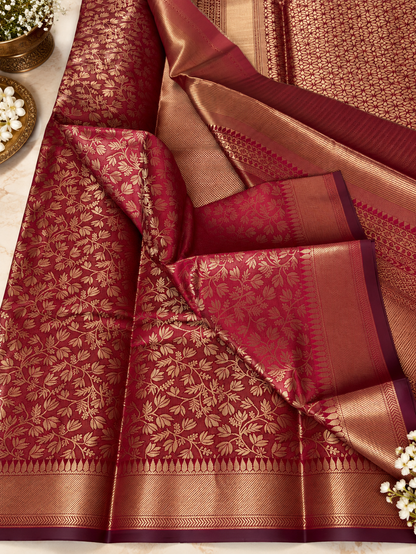 Royal Maroon Gold Zari Woven Banarasi Silk Saree With Transcendent Blouse Piece