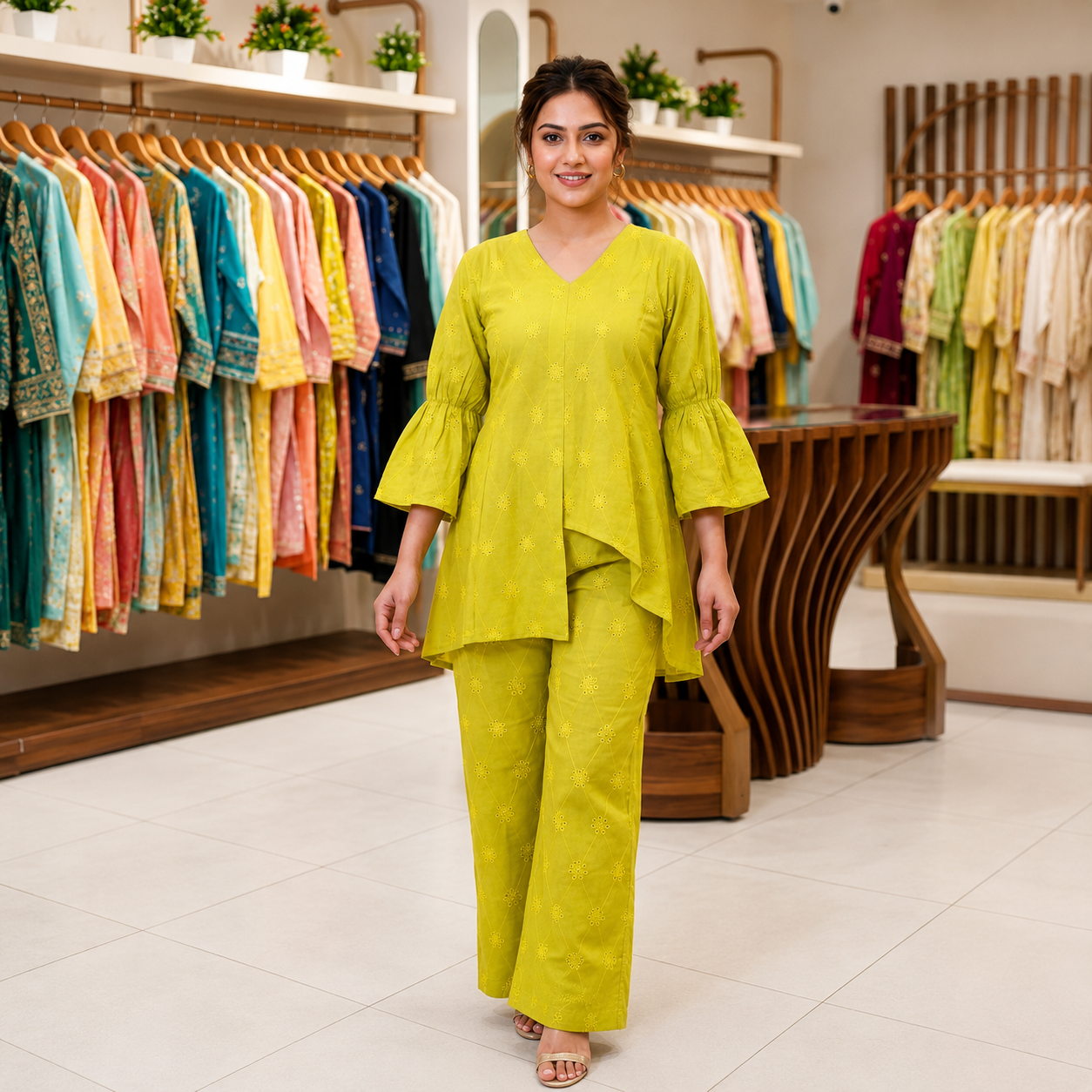 New Designer Lime Green Embroidered Cotton Co-ord Set
