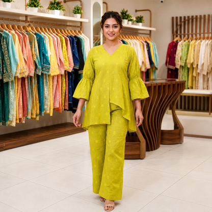 New Designer Lime Green Embroidered Cotton Co-ord Set