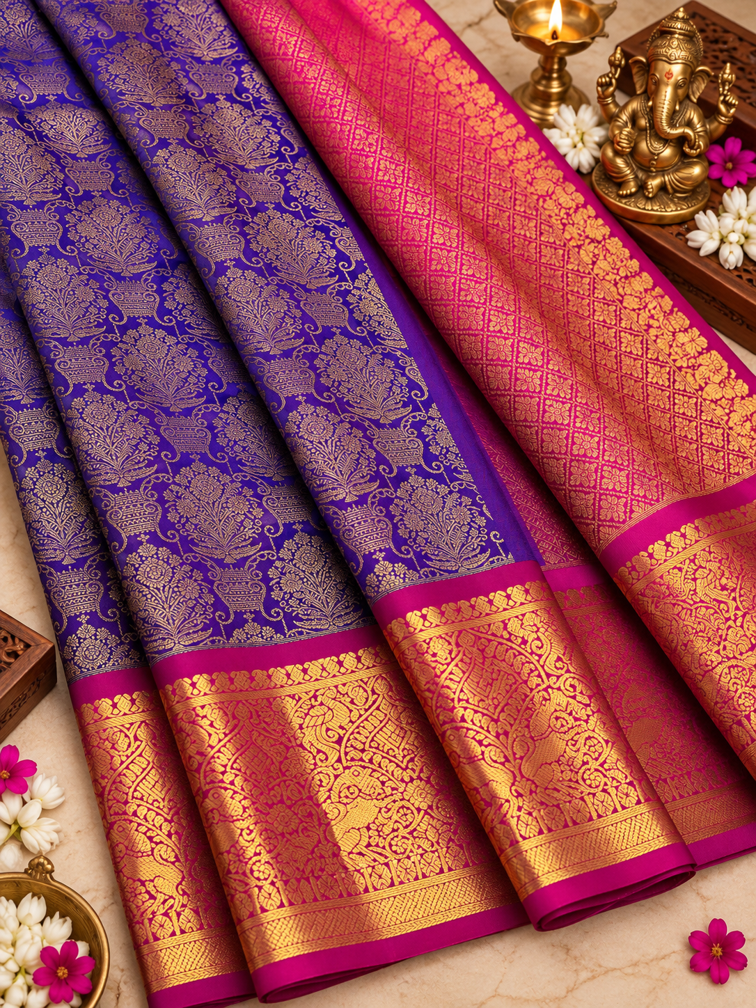 Royal Purple Pure Kanjivaram Silk Saree with Heavy Zari Border