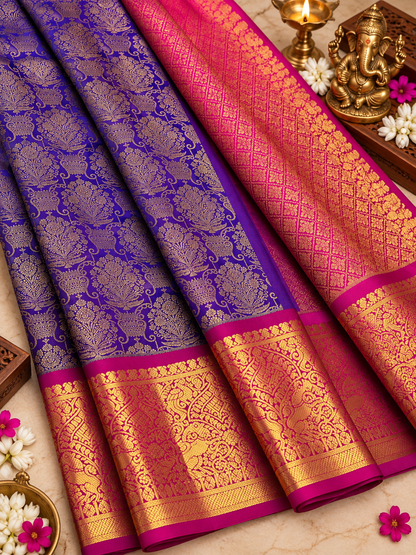 Royal Purple Pure Kanjivaram Silk Saree with Heavy Zari Border