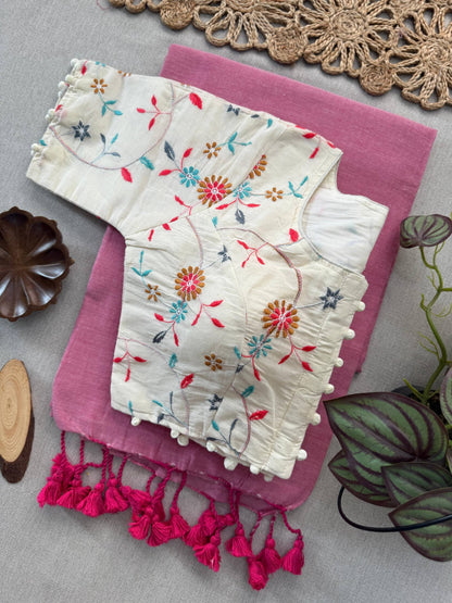 Beautiful - Baby Pink Handloom Cotton Saree With Havy Embroidery Stitched Blouse