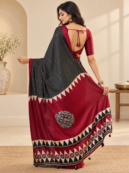 Elegant Black Handcrafted Striped Modal Silk Saree