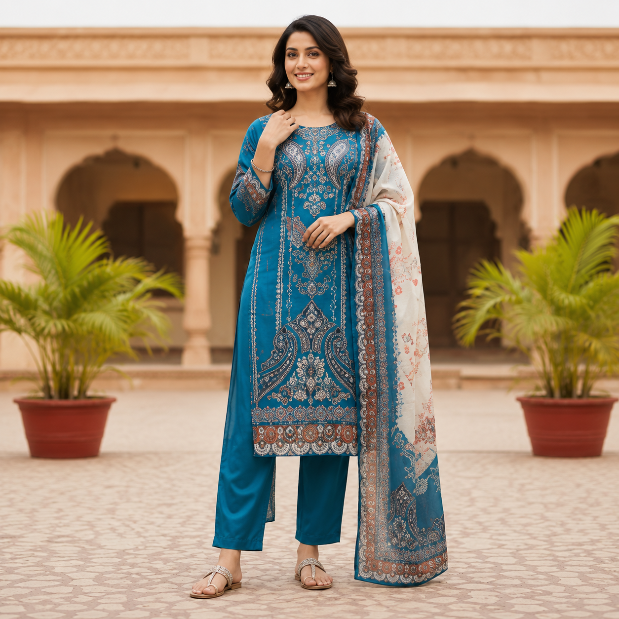 Elegant Teal Blue Chinon Printed Suit Set with Real Mirror Work
