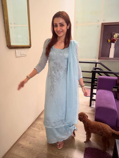 Attractive Blue Crunchy Silk Sequence Embroidery Anarkali Suit Set
