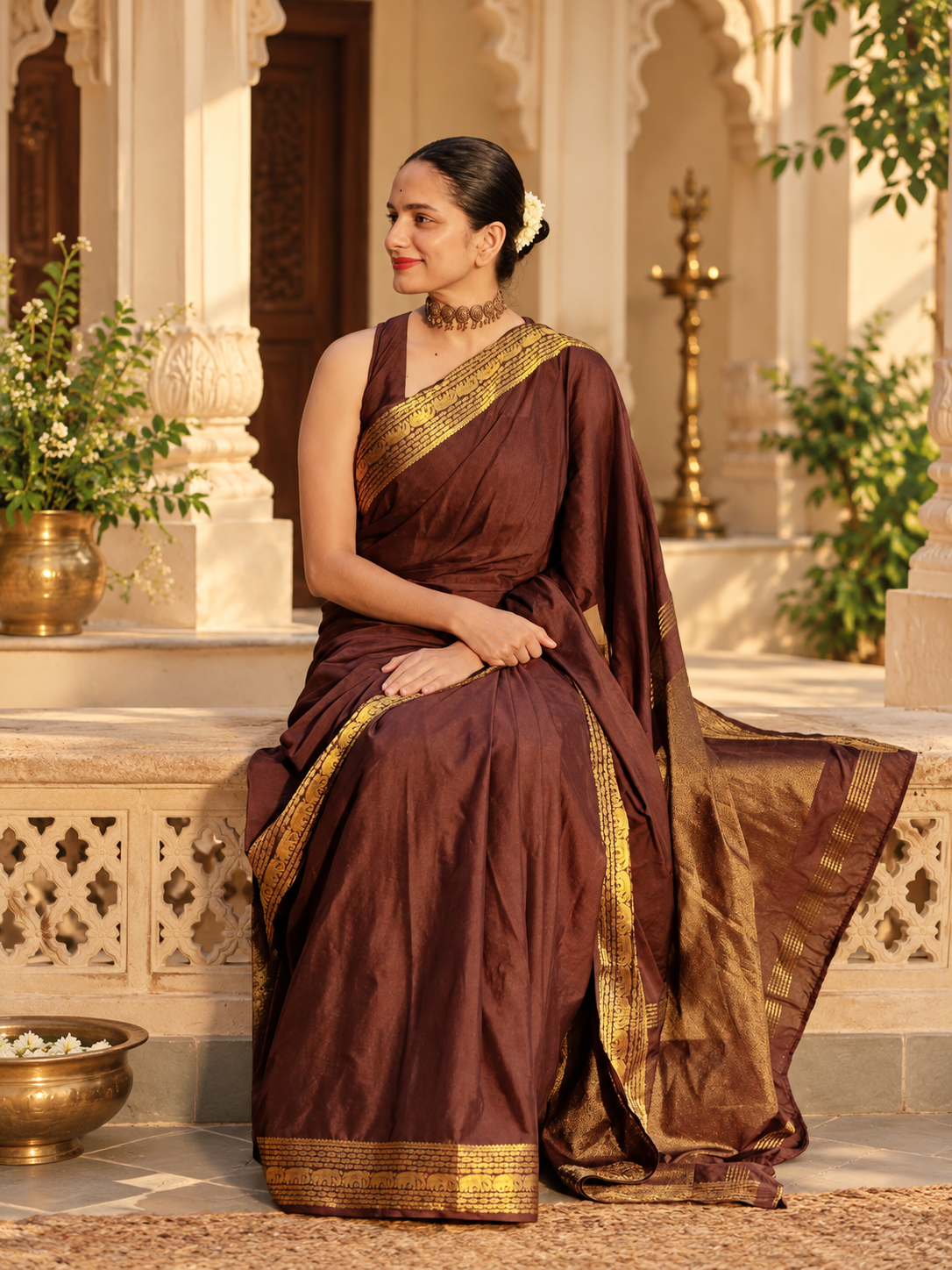 Elegant Dark Brown Kanjivaram Soft Silk Festive Saree