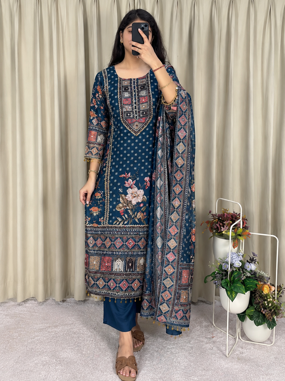 Attractive Prussian Blue Chinon Salwar Suit Set With Mirror Work