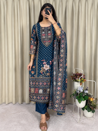 Attractive Prussian Blue Chinon Salwar Suit Set With Mirror Work