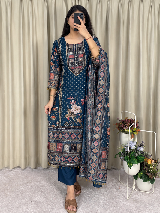Attractive Prussian Blue Chinon Salwar Suit Set With Mirror Work
