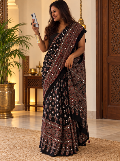 Elegant Black Ajrakh Hand-Block Printed Gajji Silk Saree with Tassels