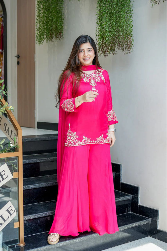 Premium Pure Mul Chanderi Handwork Suit Set – Top, Palazzo & Chiffon Dupatta