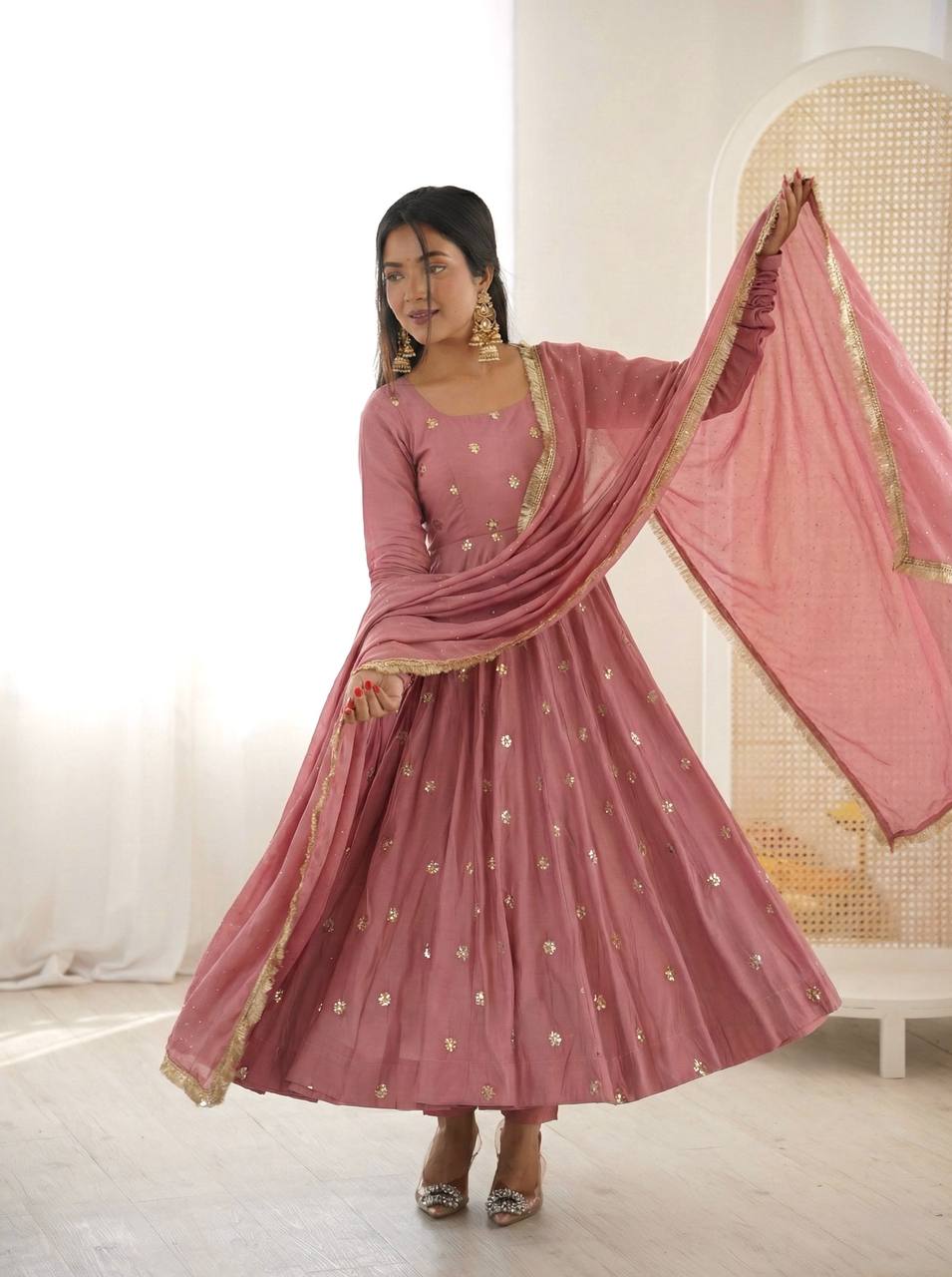 Premium Roman Silk Embroidered Anarkali Suit Set
