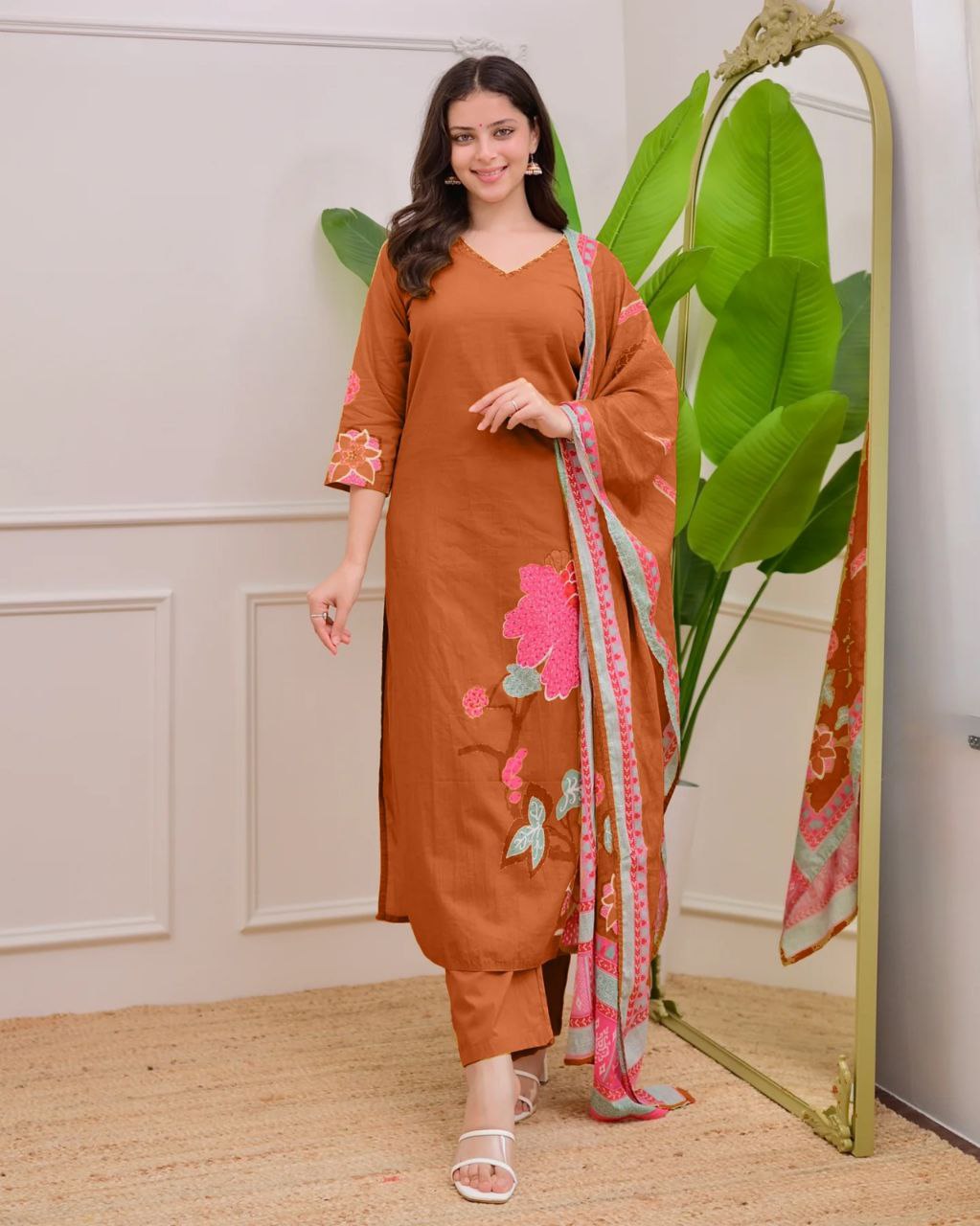 Designer Brown Soft Muslin Salwar Suit with Big Digital Floral Applique Print