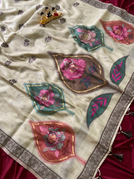 Aavya Ivory Soft Muga Cotton Saree with Artistic Floral Weaving
