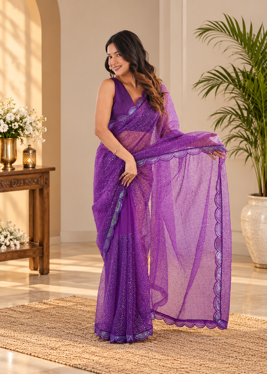 Designer Purple Thread Embroidered Heavy Soft Net Saree
