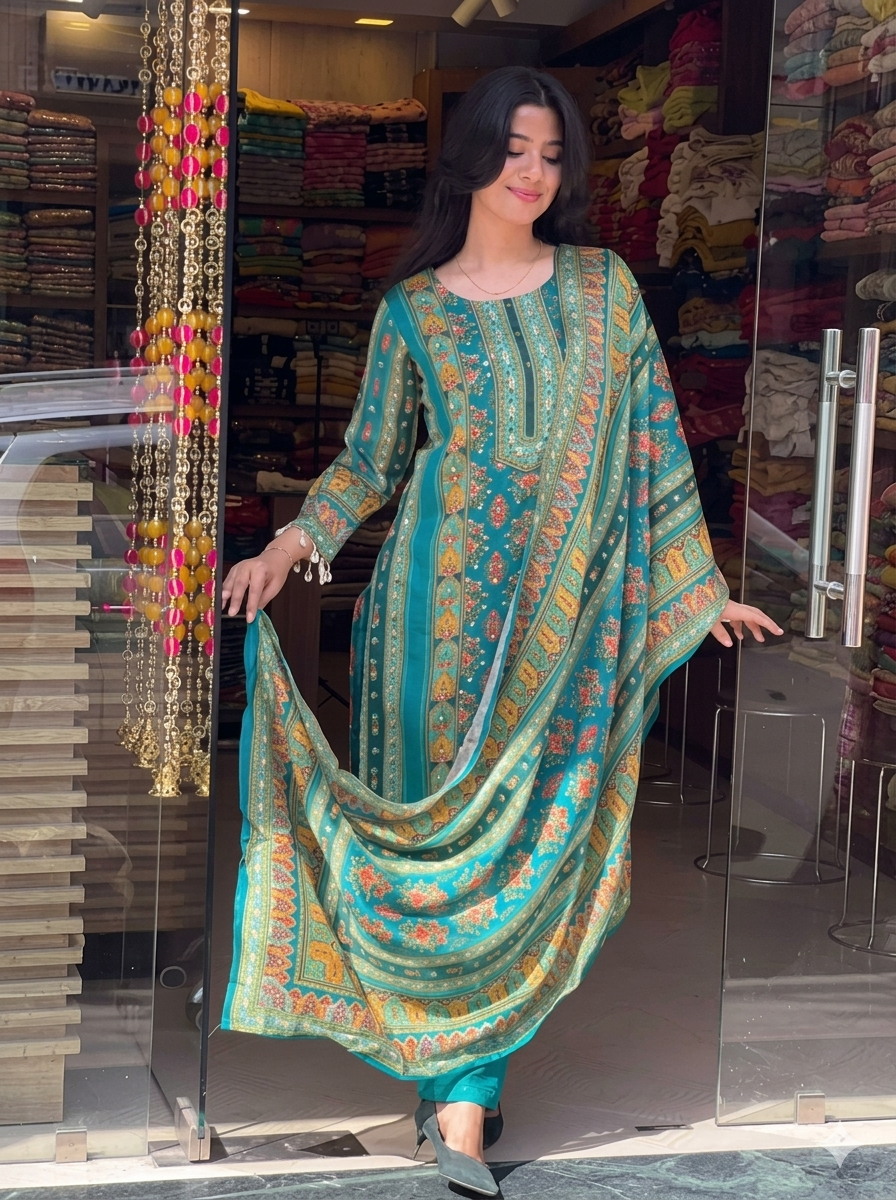 Elegant Teal Printed Chinon Suit Set with Fancy Mirror Work