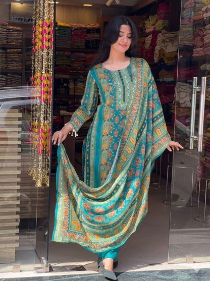 Elegant Teal Printed Chinon Suit Set with Fancy Mirror Work