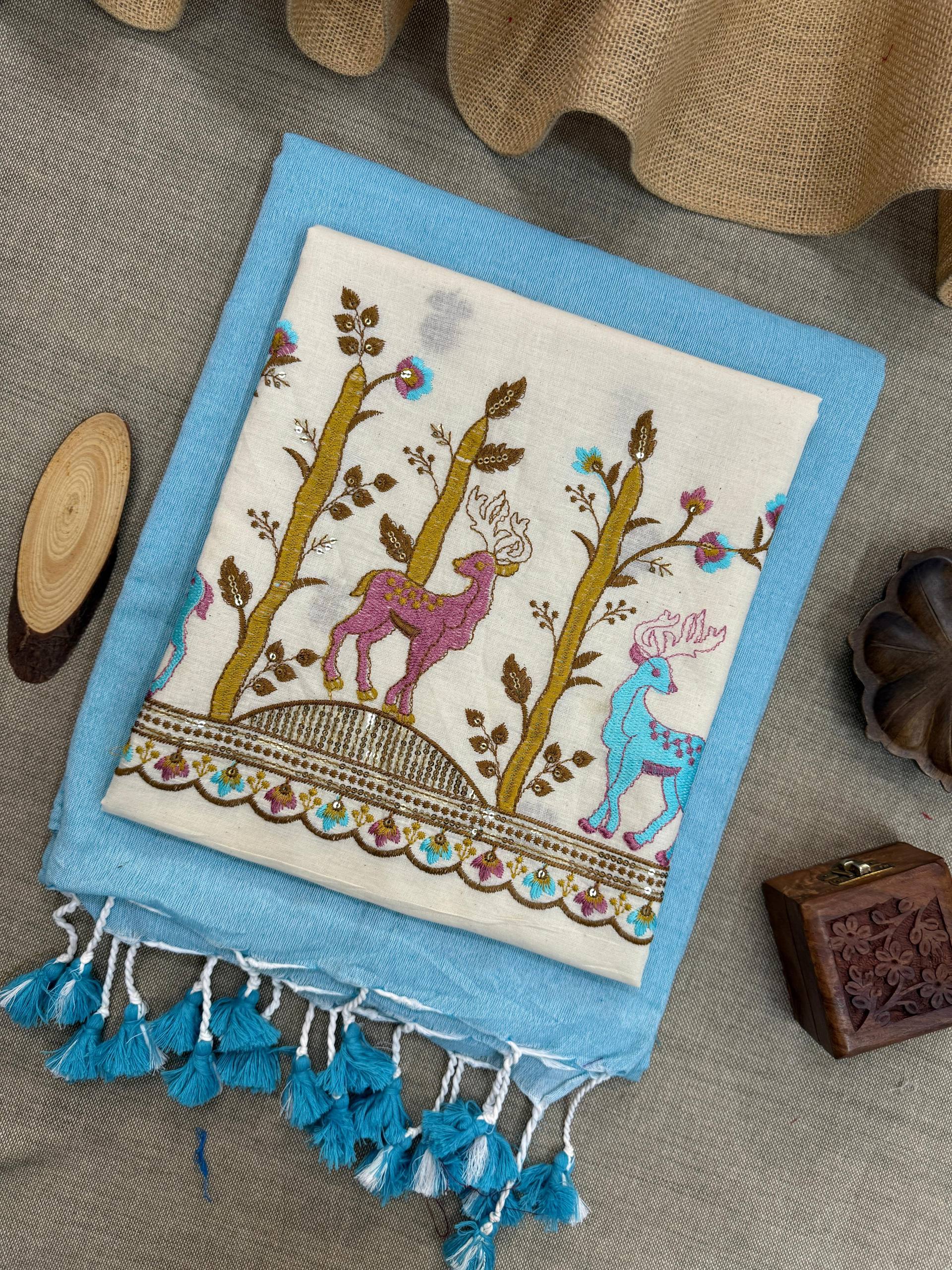 SKY HANDLOOM COTTON SAREE WITH EMBROIDERY WORK BLOUSE