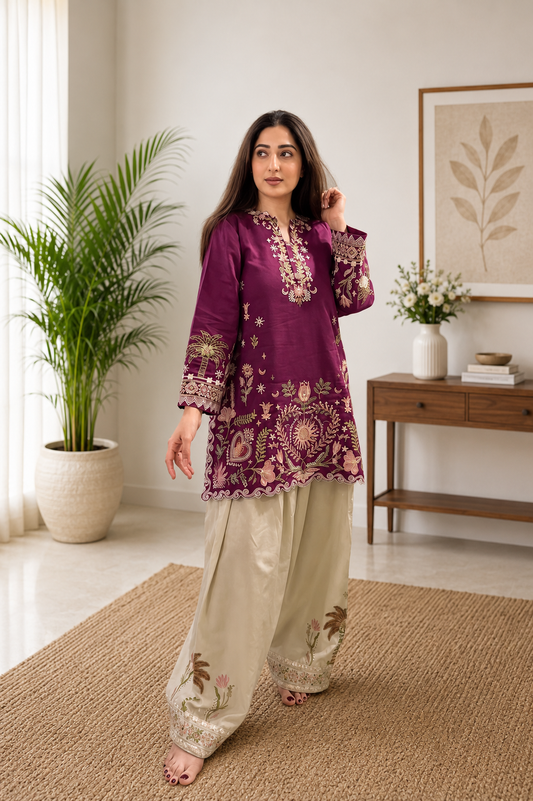 Very Attractive Magenta Floral Embroidered French Crepe Tunic Set