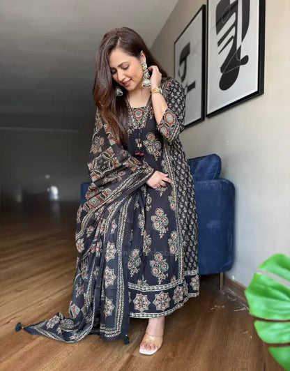 New Arrival Ajarakh Print Anarkali Suit Set