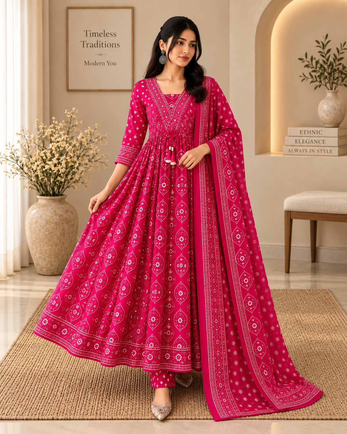Premium Rani Pink Cotton Anarkali Suit Set