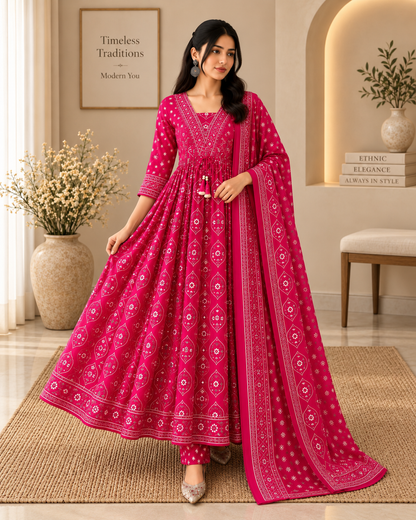 Premium Rani Pink Cotton Anarkali Suit Set