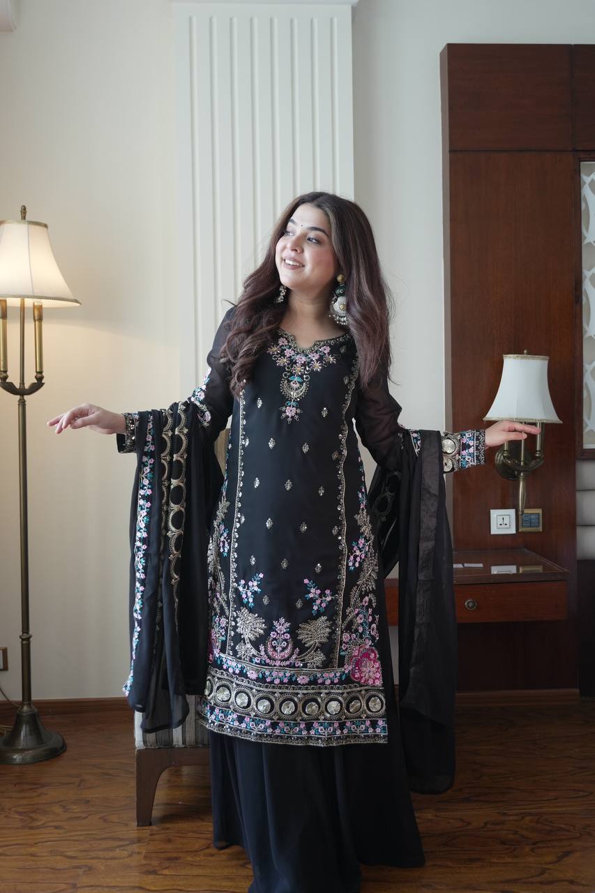 Elegant Black Fox Georgette Designer Suit Set With Embroidery Dupatta