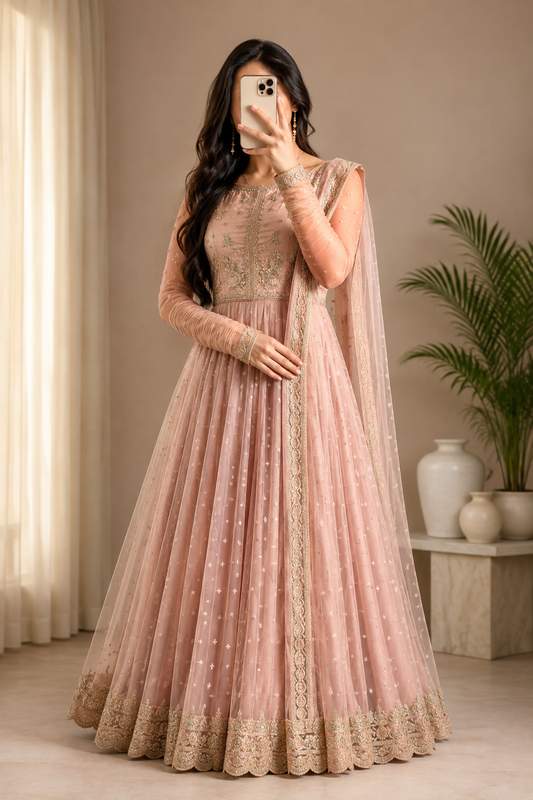 Peach Faux Georgette Thread and Sequence Anarkali Suit Set
