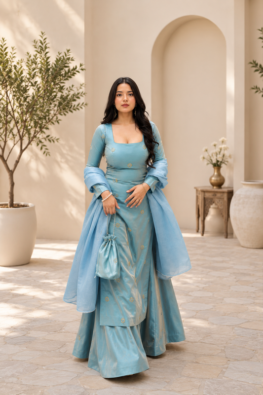 Elegant Sky Blue Fandy Silk Sharara Set With Sequence Work