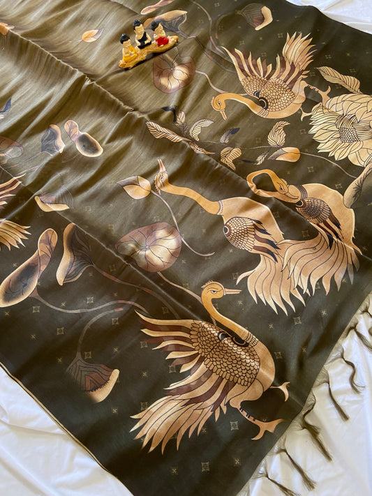 Aavira Olive Gold Crane Motif Soft Tussar Silk Saree
