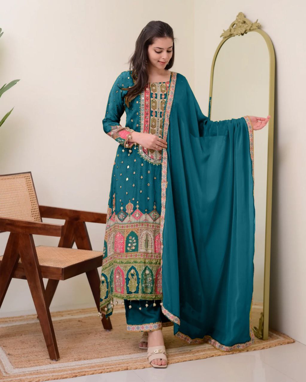 Royal Teal Shimmer Printed Suit Set with Fancy Mirror Work