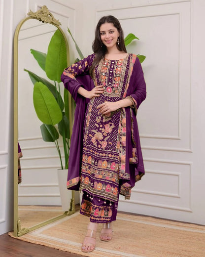 Elegant Purple Printed Model Satin Suit Set with Fancy Mirror Work
