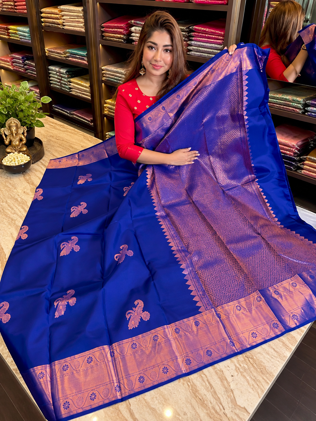 Royal Blue Soft Banarasi Silk Saree with Copper Zari Bird Motifs
