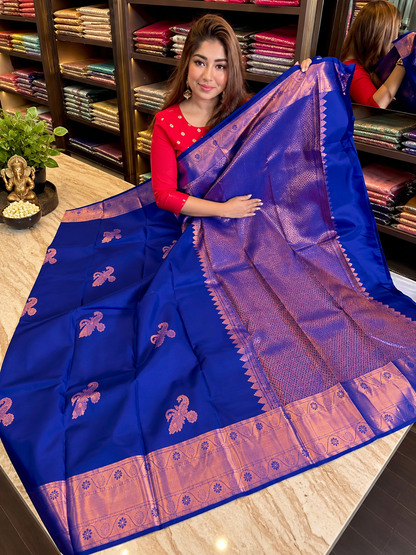 Royal Blue Soft Banarasi Silk Saree with Copper Zari Bird Motifs