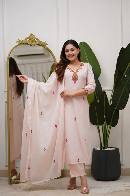 Premium Blush Pink PV Mul Embroidered Suit Set with Dupatta