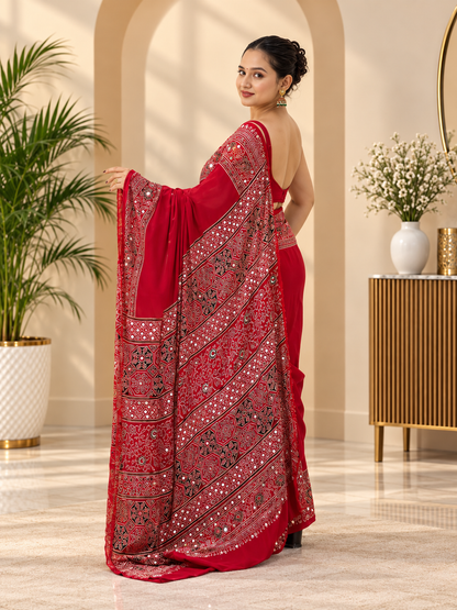 Awsome Red Silk Ajrakh Print Saree with Real Mirror Work